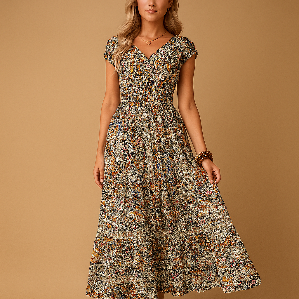 Women’s boho maxi summer dress with high waist and flowing fit, perfect for beach days, festivals, and casual summer outings.