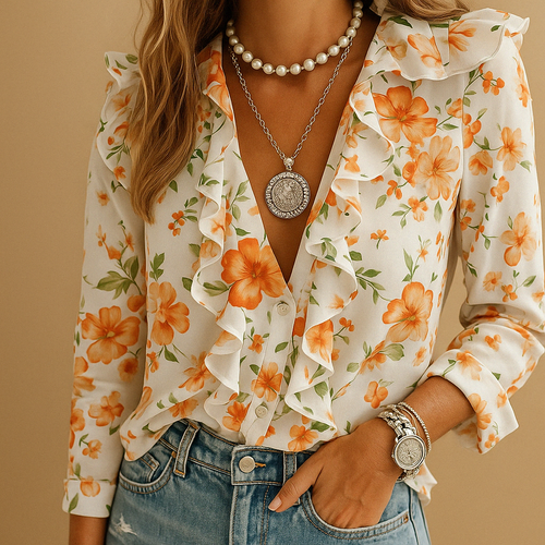 Elegant butterfly print blouse for women with ruffle sleeves and light tailored fit, ideal for both formal and casual occasions.