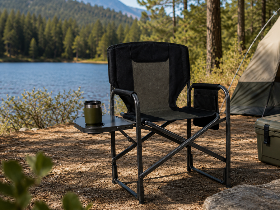 Folding camping chair set up beside a lake