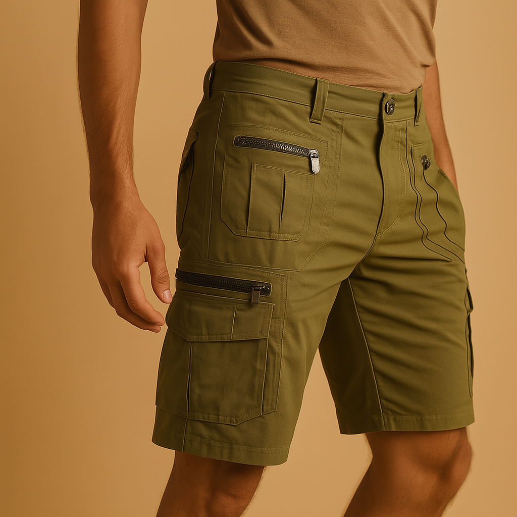 Men wearing Mason cargo shorts with zip and flap pockets, durable and breathable design ideal for outdoor, casual, and summer wear.