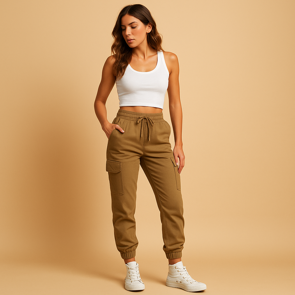 Women’s high waist cargo trousers with slim fit and durable stretch fabric, featuring functional cargo pockets for stylish casual or semi-formal looks.