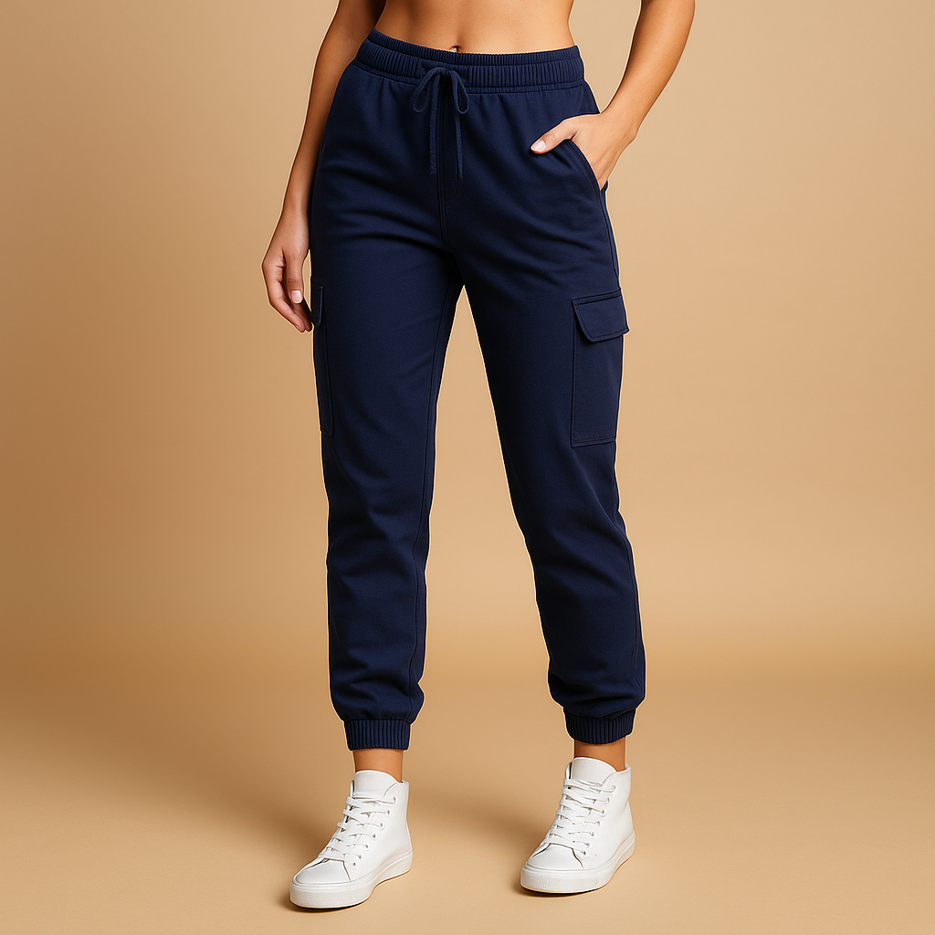 Women’s high waist cargo trousers with slim fit and durable stretch fabric, featuring functional cargo pockets for stylish casual or semi-formal looks.