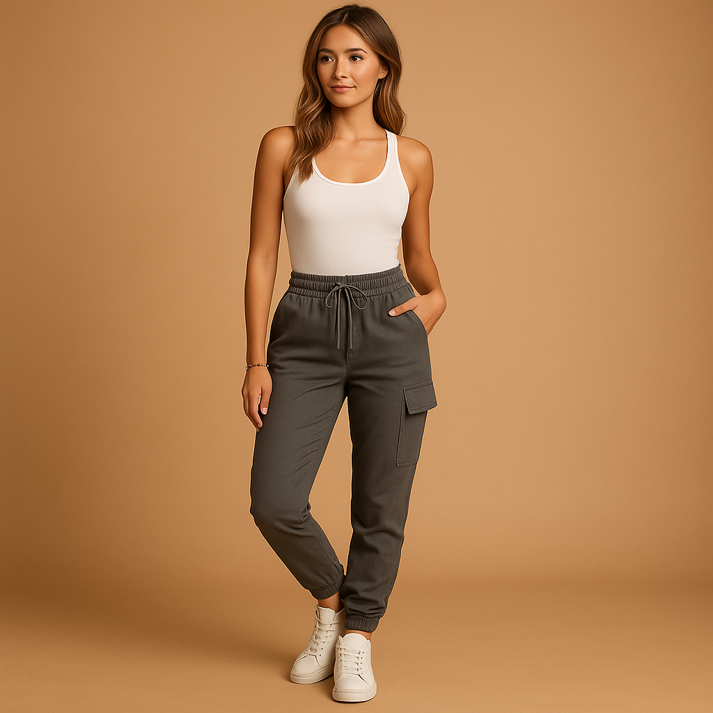 Women’s high waist cargo trousers with slim fit and durable stretch fabric, featuring functional cargo pockets for stylish casual or semi-formal looks.