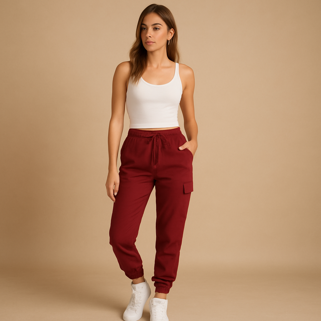 Women’s high waist cargo trousers with slim fit and durable stretch fabric, featuring functional cargo pockets for stylish casual or semi-formal looks.