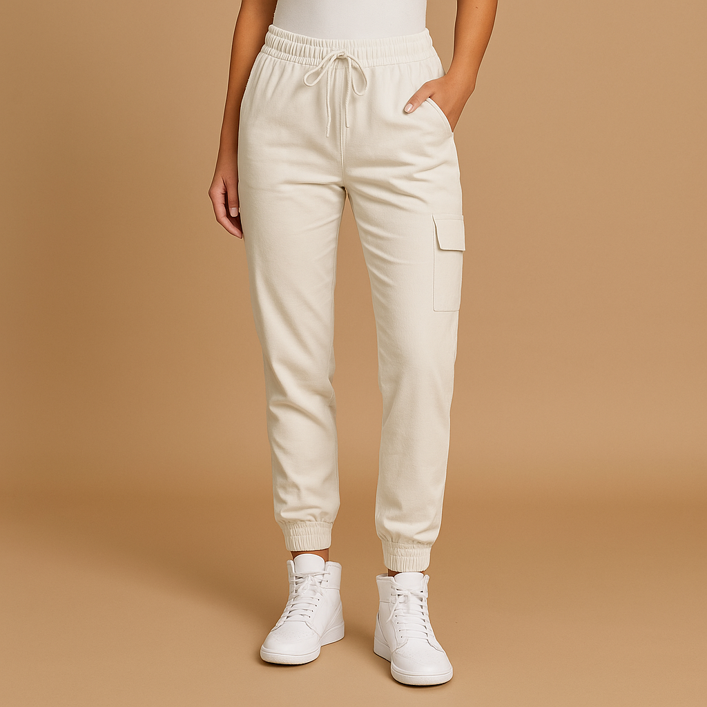 Women’s high waist cargo trousers with slim fit and durable stretch fabric, featuring functional cargo pockets for stylish casual or semi-formal looks.
