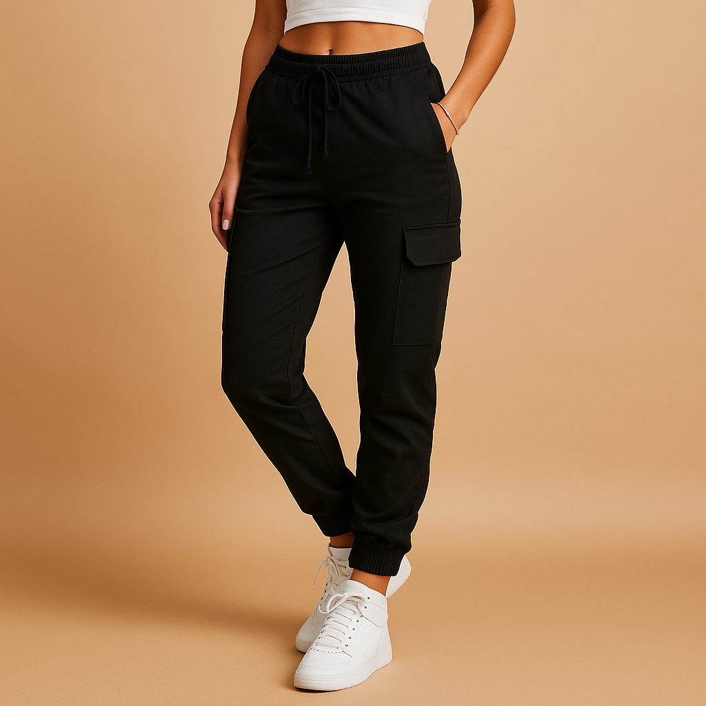 Women’s high waist cargo trousers with slim fit and durable stretch fabric, featuring functional cargo pockets for stylish casual or semi-formal looks.