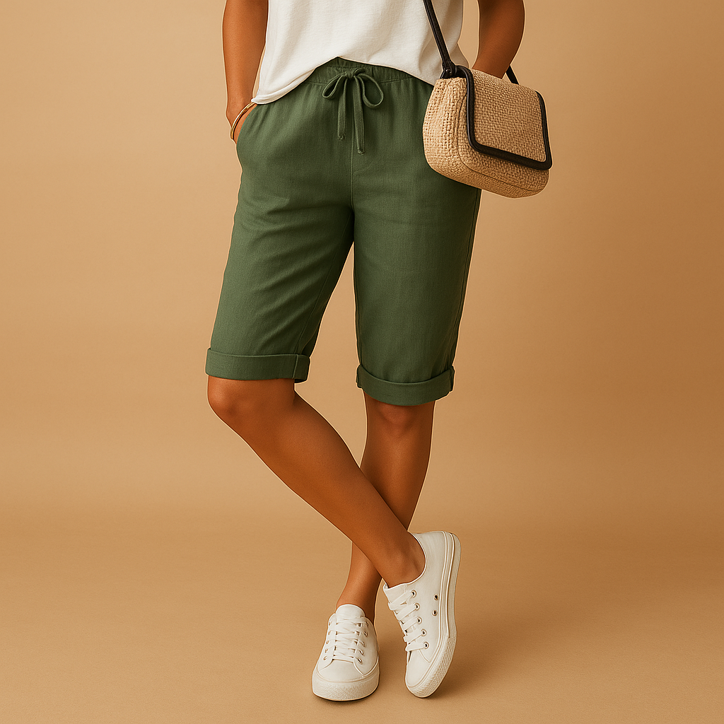 Women’s casual capri pants with relaxed fit, elastic waistband, drawstring, and rolled hem design, perfect for spring and summer wear.
