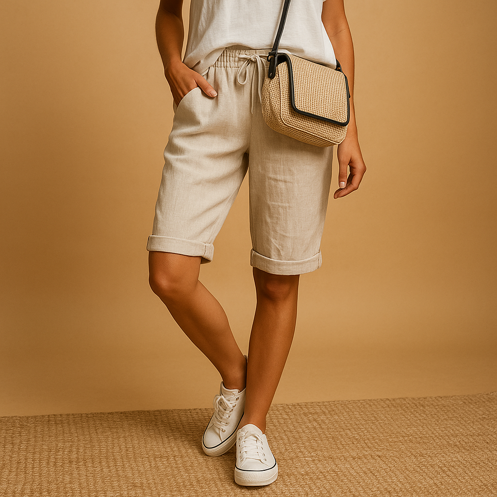 Women’s casual capri pants with relaxed fit, elastic waistband, drawstring, and rolled hem design, perfect for spring and summer wear.