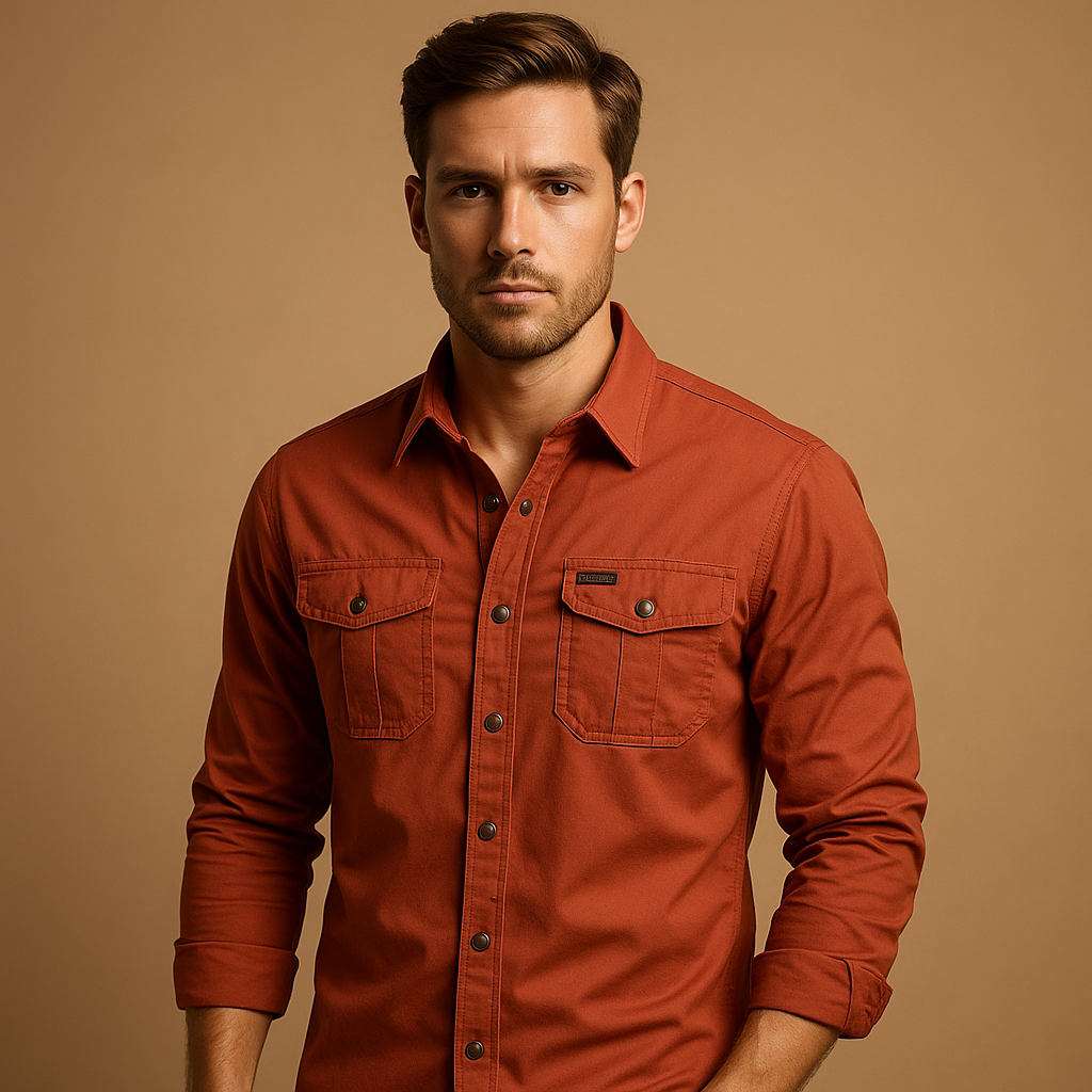 Casual cotton cargo shirt for men with relaxed fit and functional chest pockets, perfect for outdoor adventures and casual wear.
