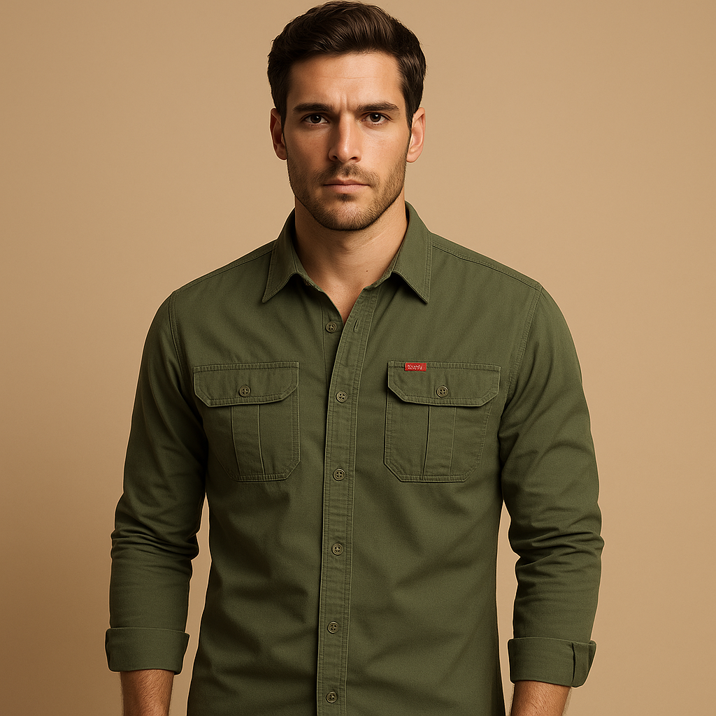 Casual cotton cargo shirt for men with relaxed fit and functional chest pockets, perfect for outdoor adventures and casual wear.