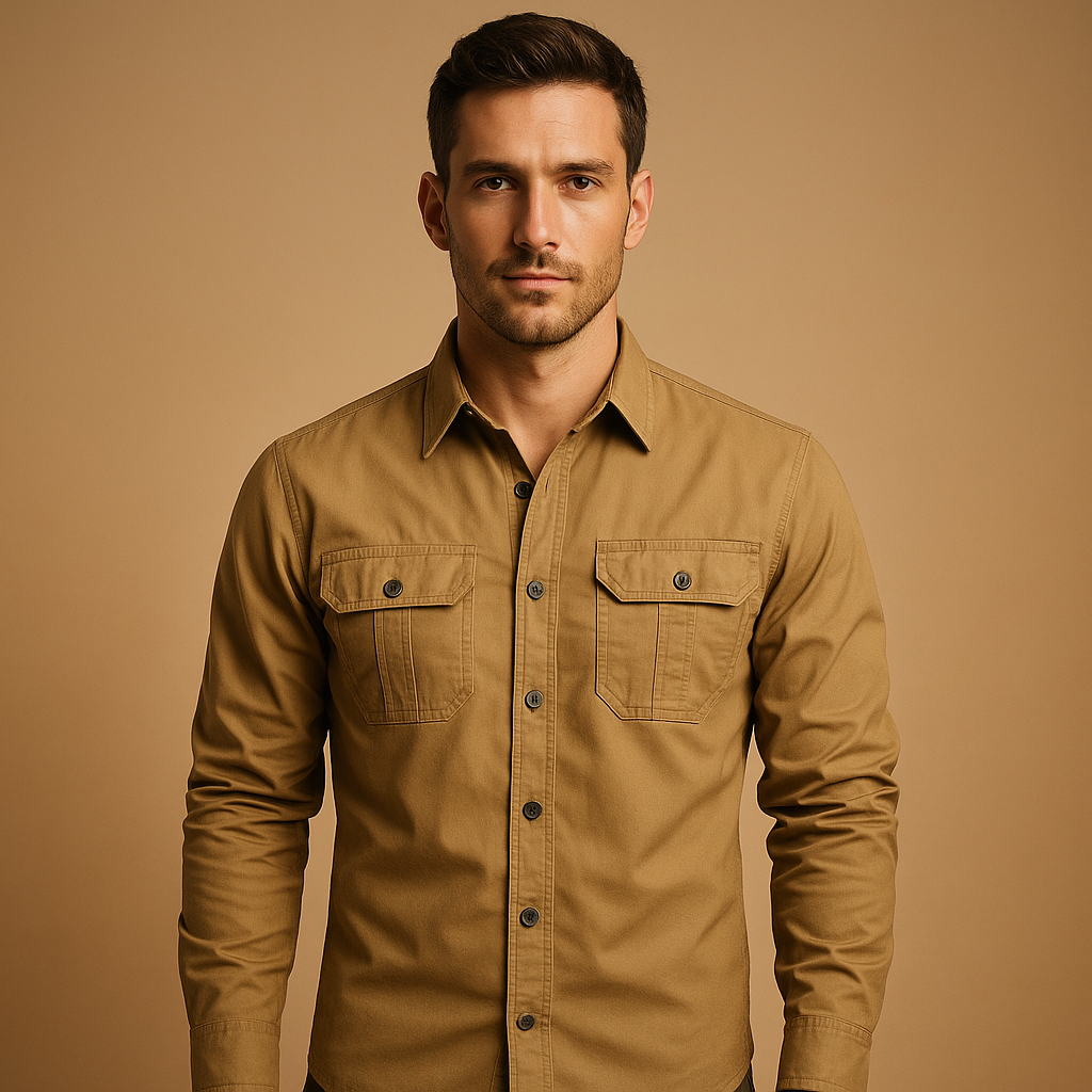 Casual cotton cargo shirt for men with relaxed fit and functional chest pockets, perfect for outdoor adventures and casual wear.