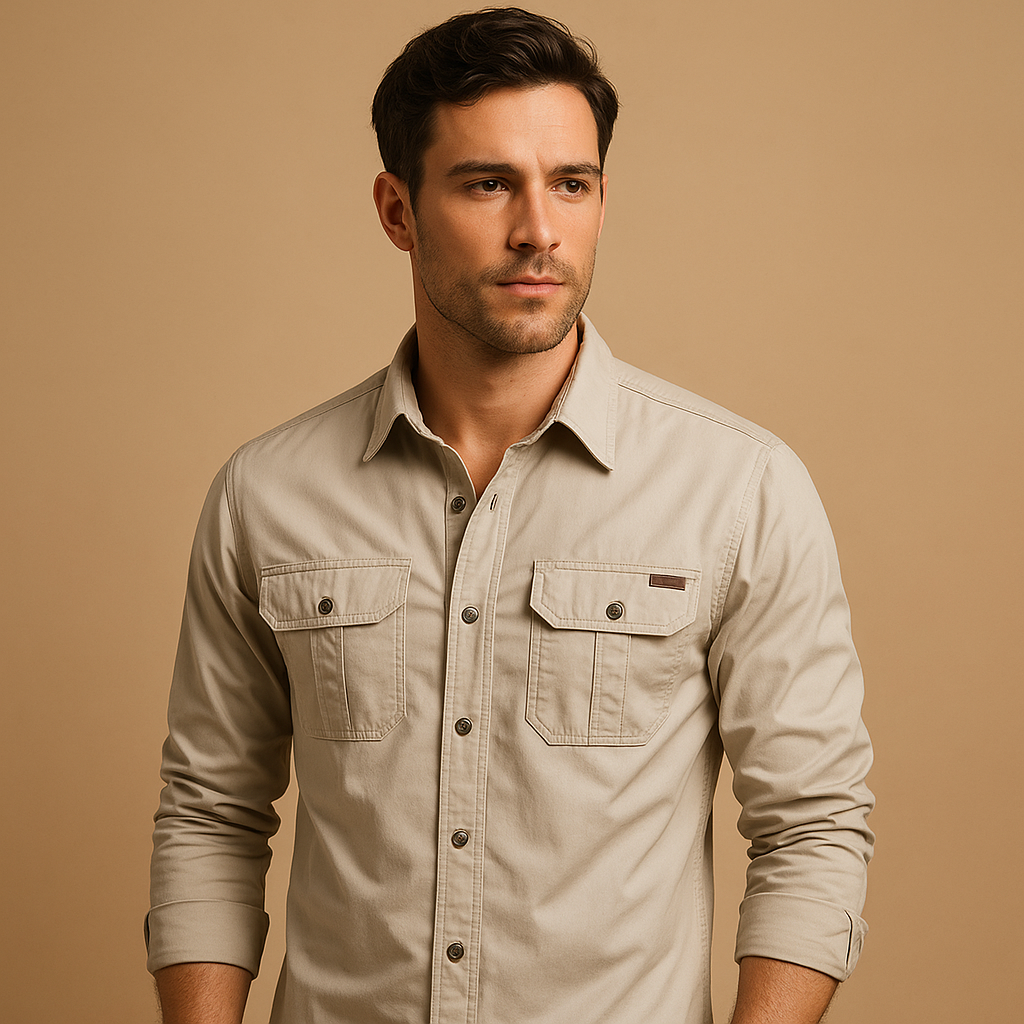 Casual cotton cargo shirt for men with relaxed fit and functional chest pockets, perfect for outdoor adventures and casual wear.