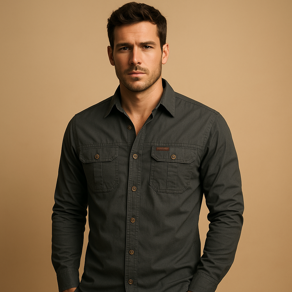 Casual cotton cargo shirt for men with relaxed fit and functional chest pockets, perfect for outdoor adventures and casual wear.