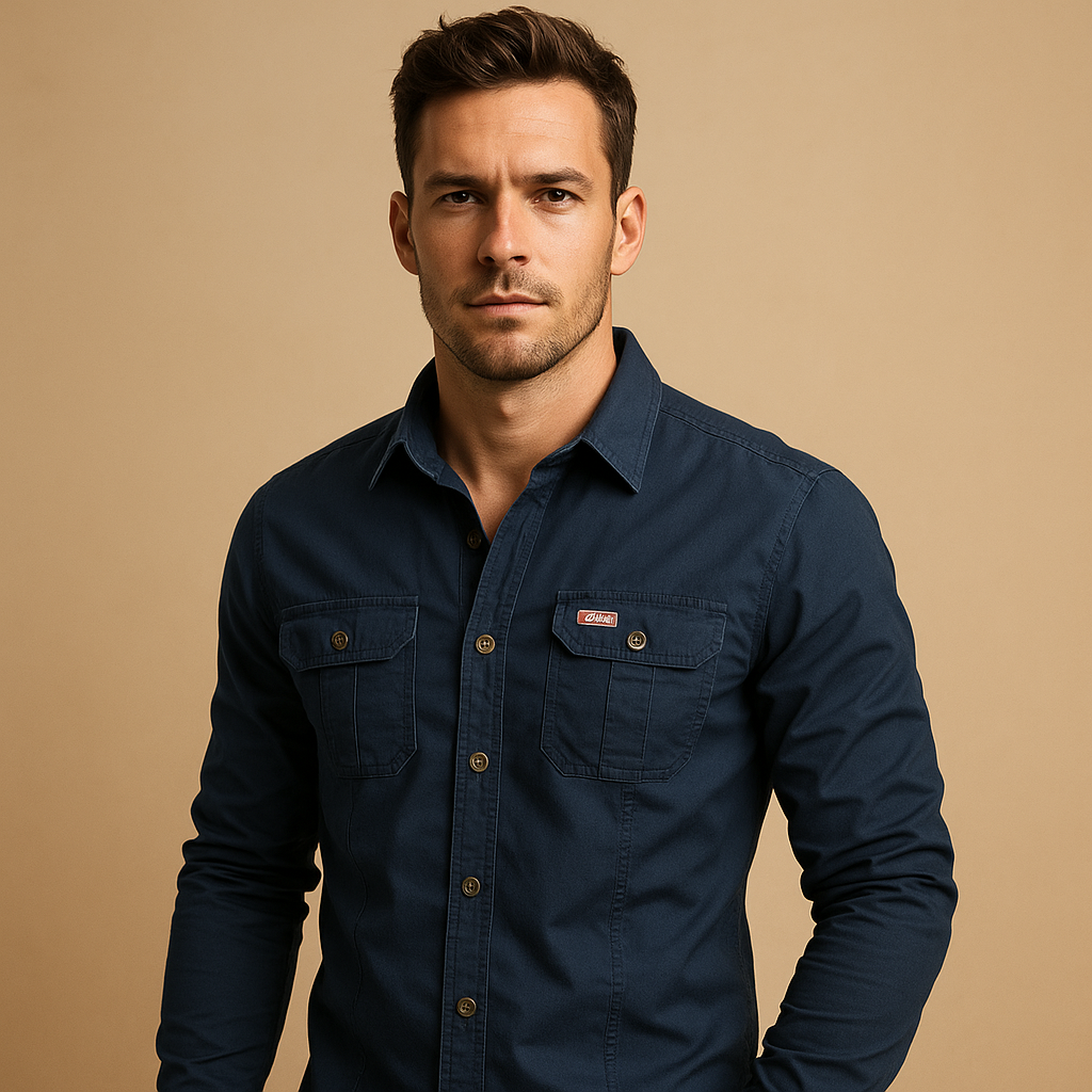 Casual cotton cargo shirt for men with relaxed fit and functional chest pockets, perfect for outdoor adventures and casual wear.