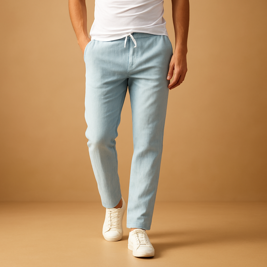 Men’s casual cotton pants with elastic waistband, offering breathable comfort and relaxed style for daily wear or home lounging.