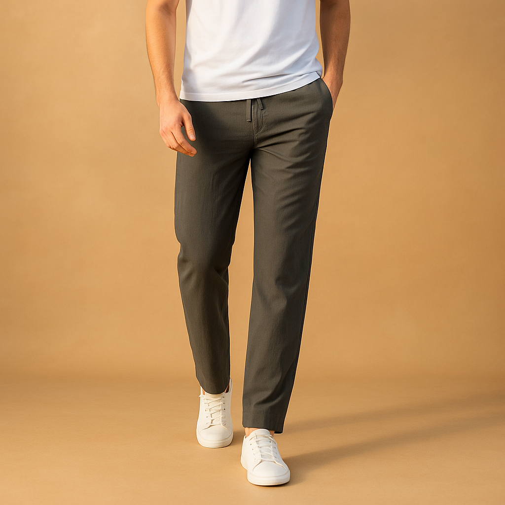 Men’s casual cotton pants with elastic waistband, offering breathable comfort and relaxed style for daily wear or home lounging.