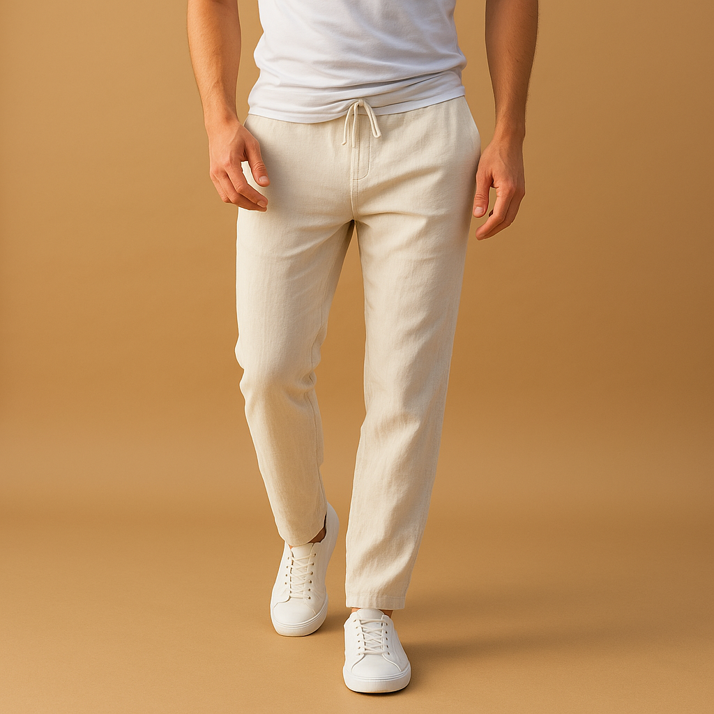 Men’s casual cotton pants with elastic waistband, offering breathable comfort and relaxed style for daily wear or home lounging.