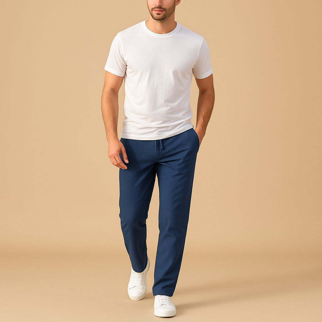Men’s casual cotton pants with elastic waistband, offering breathable comfort and relaxed style for daily wear or home lounging.