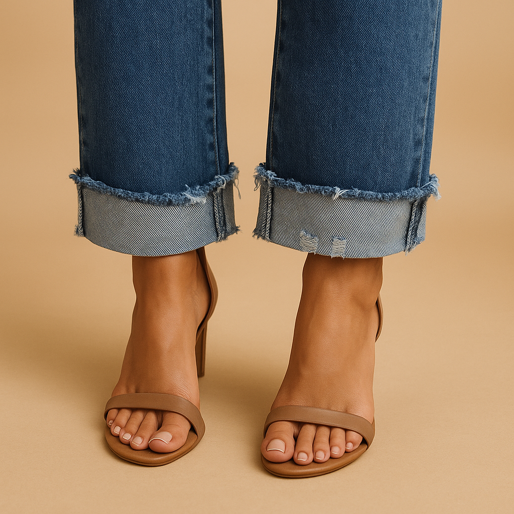 Women’s casual jeans with a relaxed fit and asymmetric waistband, designed for comfort and a modern urban style all year round.