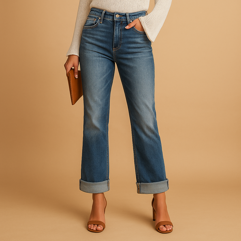 Women’s casual jeans with a relaxed fit and asymmetric waistband, designed for comfort and a modern urban style all year round.