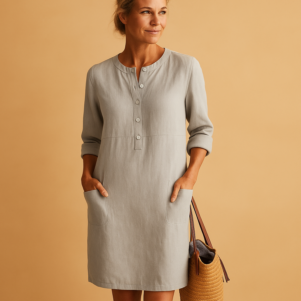 Casual long dress for women with a relaxed fit, button-down design, and rolled sleeves, perfect for everyday wear.