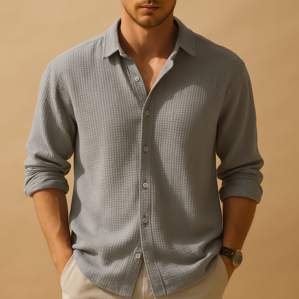 Casual long-sleeve shirt for men with stand-up collar and solid color design, ideal for daily wear and semi-formal occasions.