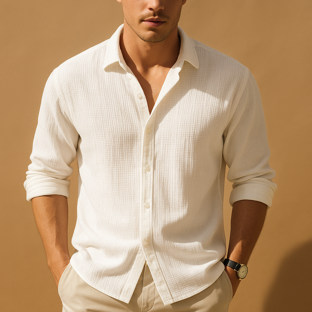 Casual long-sleeve shirt for men with stand-up collar and solid color design, ideal for daily wear and semi-formal occasions.