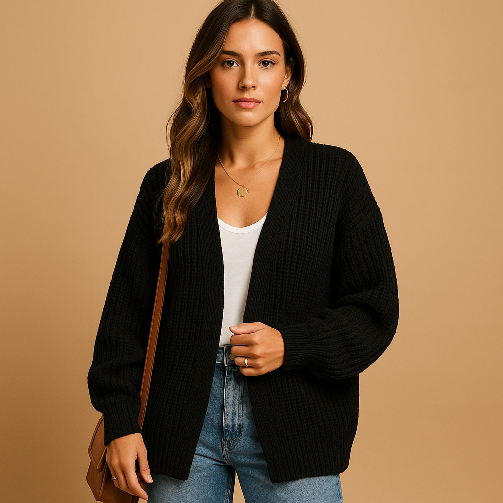 Women’s casual open front knitted cardigan with relaxed fit, breathable fabric, and subtle texture, available in black, coffee, gray, pink, and white.