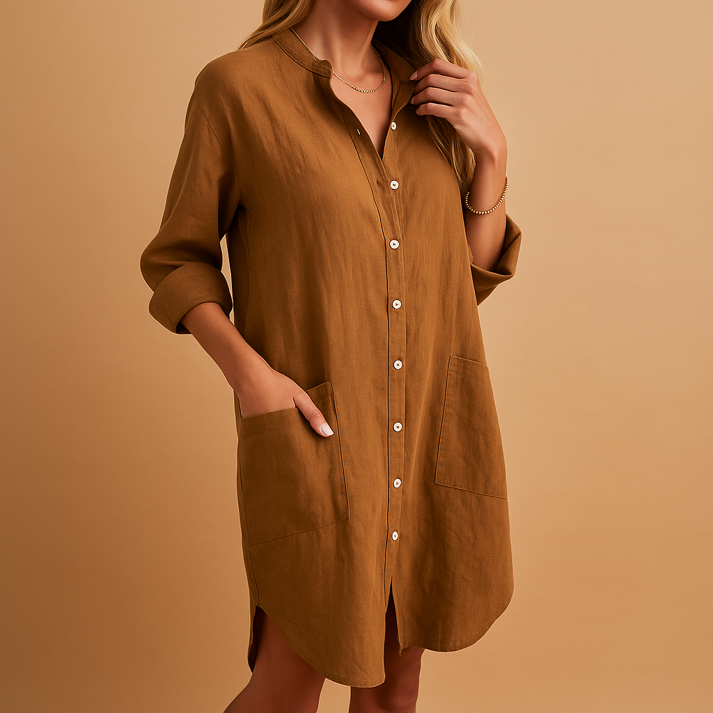 Women’s casual shirt dress with practical pockets and flattering fit, ideal for work, casual days, and stylish evenings.