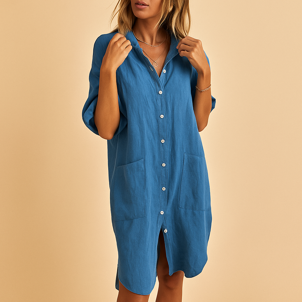 Women’s casual shirt dress with practical pockets and flattering fit, ideal for work, casual days, and stylish evenings.