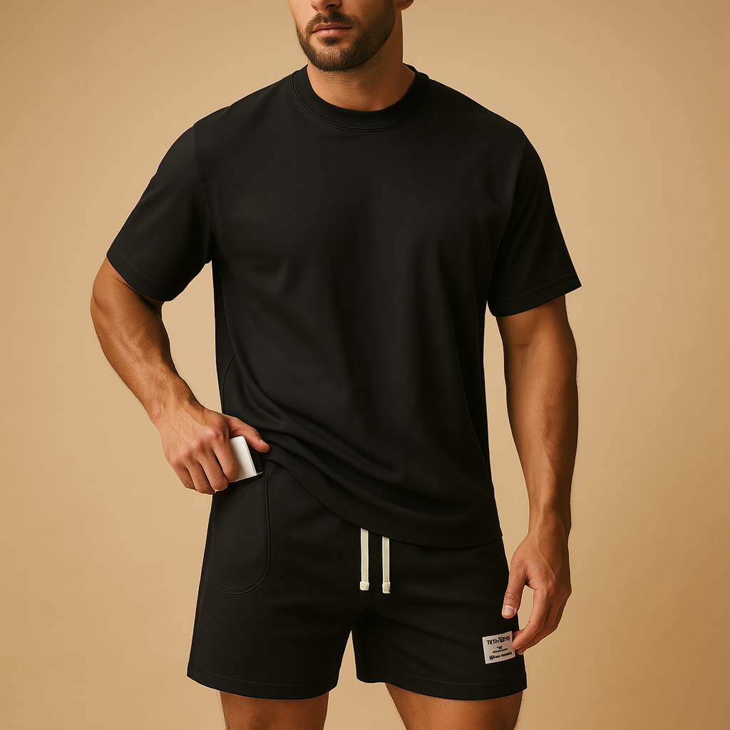 Men’s casual summer T-shirt and short set with relaxed fit, perfect for home wear, leisure, and warm summer outings.