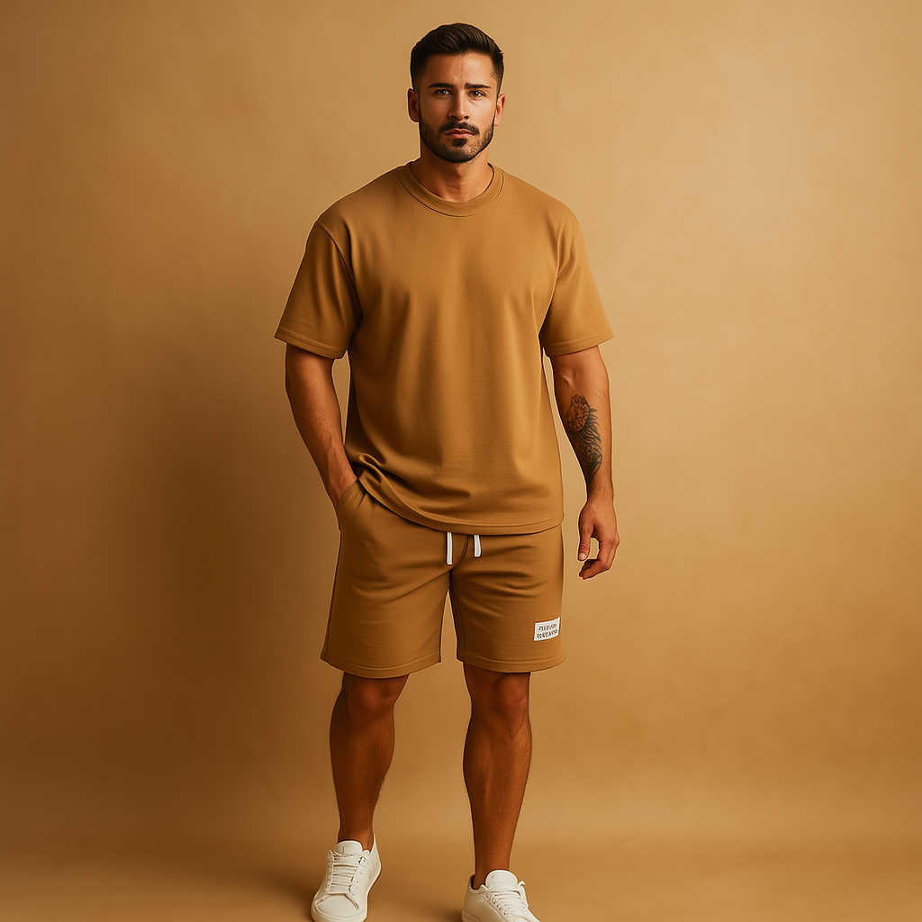 Men’s casual summer T-shirt and short set with relaxed fit, perfect for home wear, leisure, and warm summer outings.