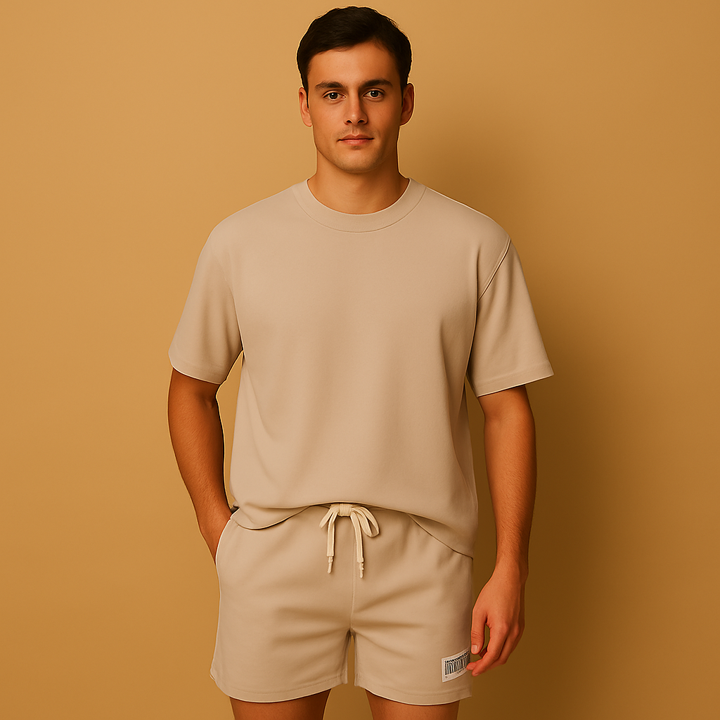 Men’s casual summer T-shirt and short set with relaxed fit, perfect for home wear, leisure, and warm summer outings.