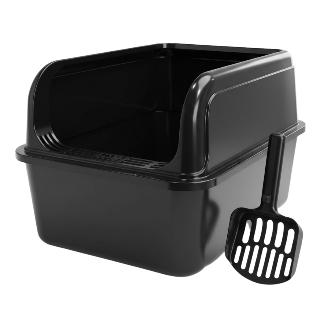 Cat Litter Box with High-Sided Walls, Stainless Steel Pan, and Scoop