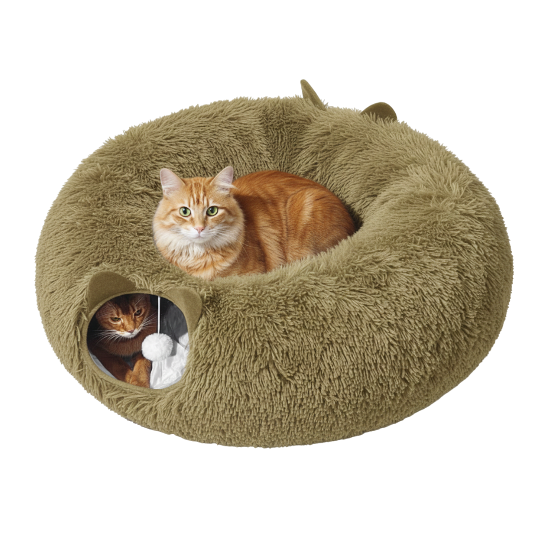 Cat Tunnel with Plush Bed and Peekaboo Openings for Indoor Use