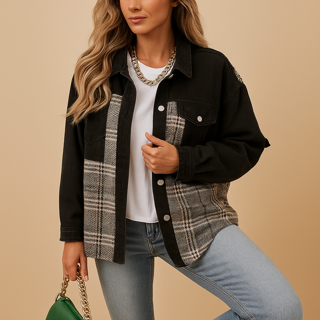 Checkered denim-look jacket for women with relaxed fit and soft fabric, ideal for casual and semi-formal outfits.