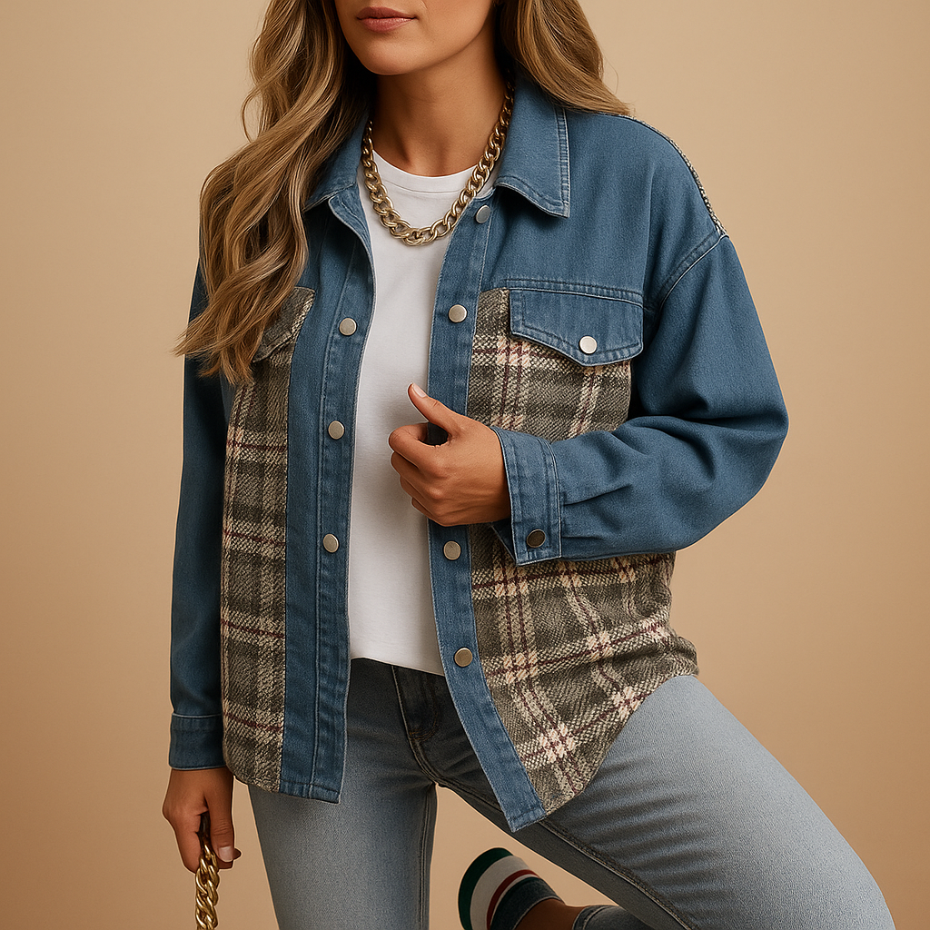 Checkered denim-look jacket for women with relaxed fit and soft fabric, ideal for casual and semi-formal outfits.