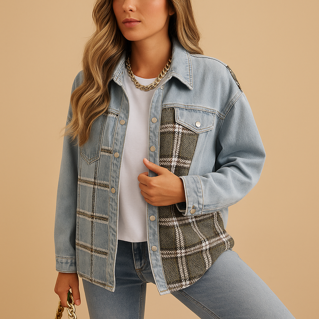 Checkered denim-look jacket for women with relaxed fit and soft fabric, ideal for casual and semi-formal outfits.