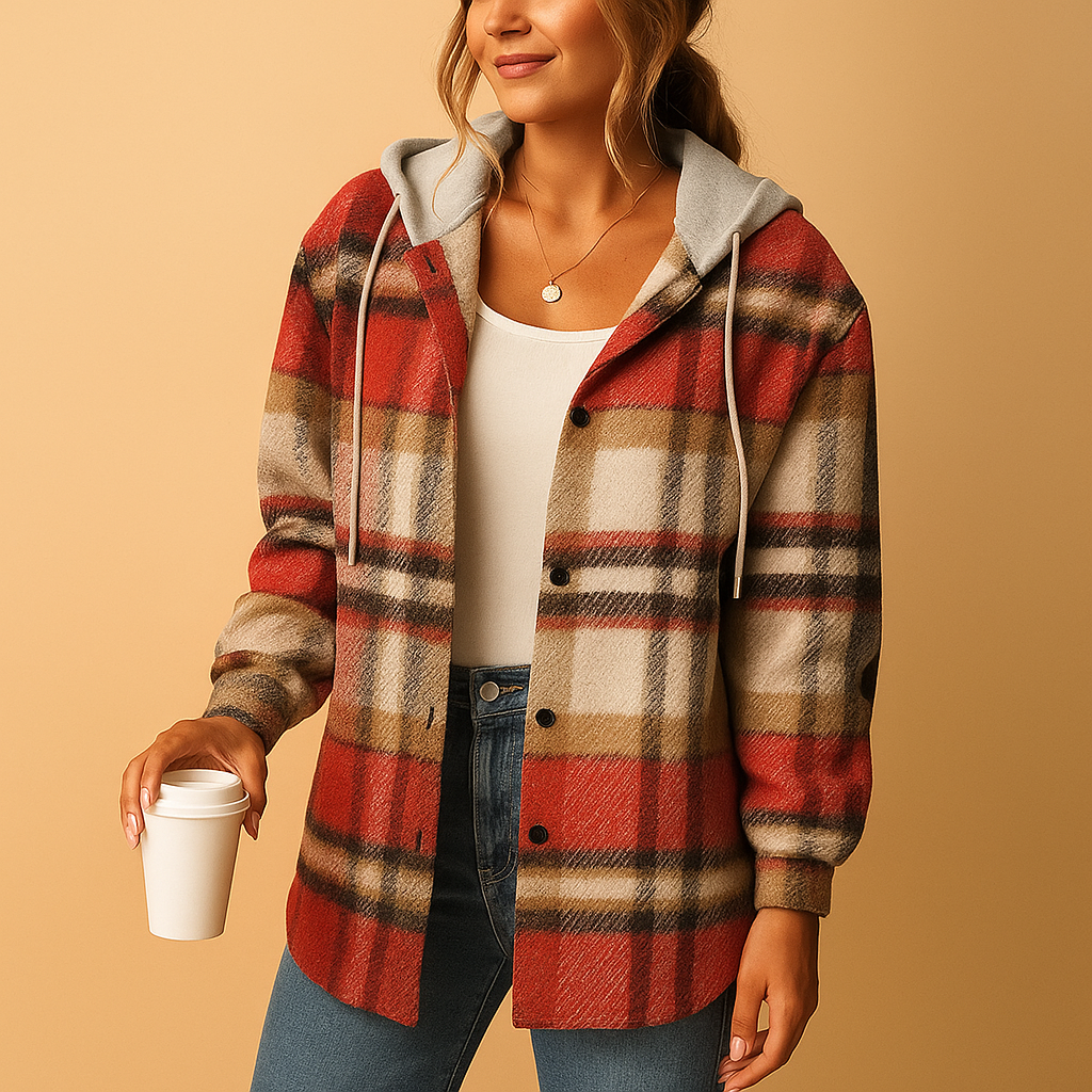Checkered hooded jacket for women with relaxed fit and soft breathable fabric, ideal for layering and everyday wear.