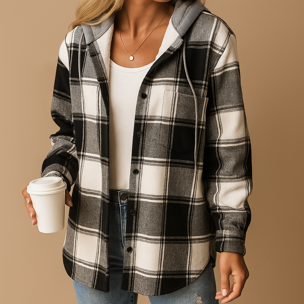 Checkered hooded jacket for women with relaxed fit and soft breathable fabric, ideal for layering and everyday wear.