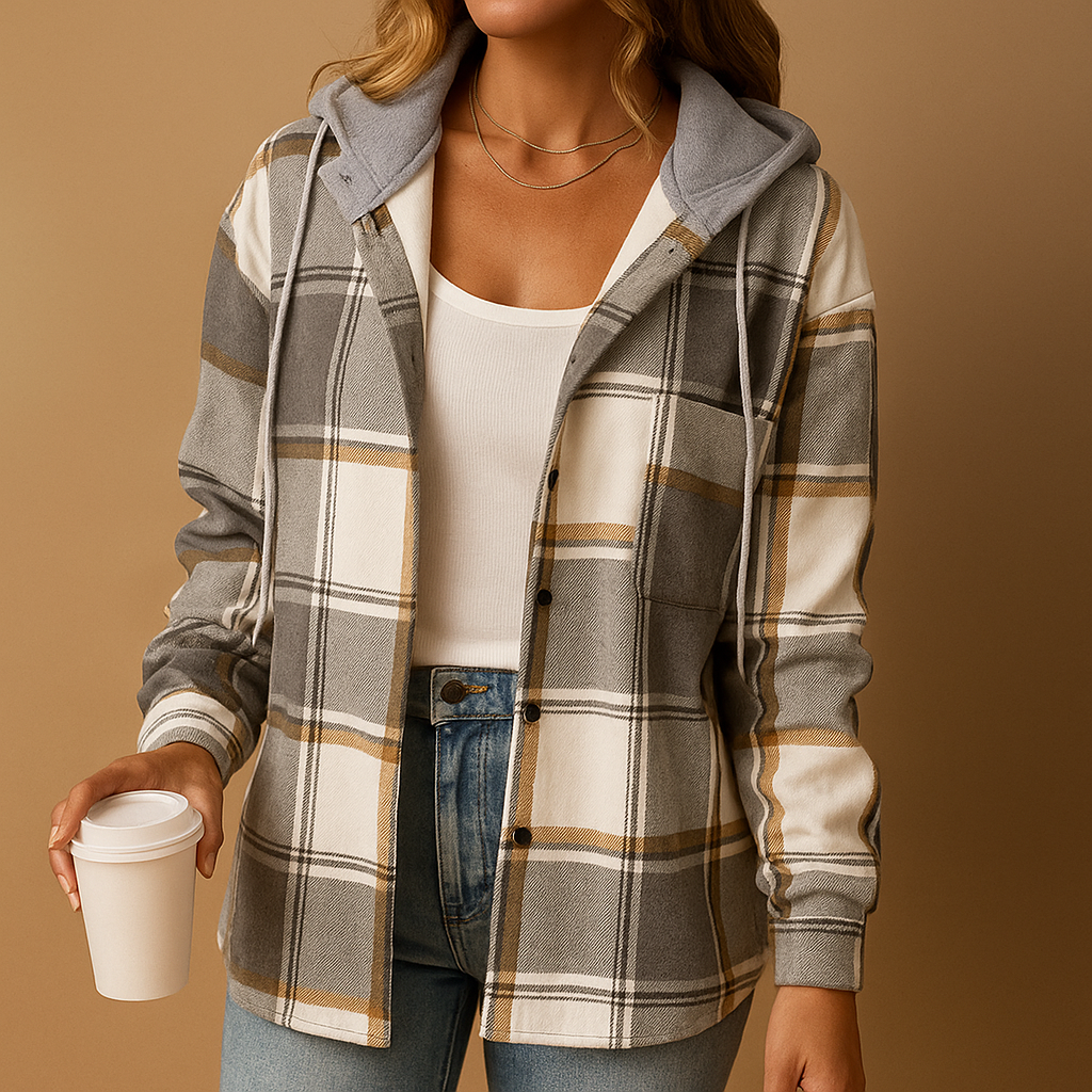 Checkered hooded jacket for women with relaxed fit and soft breathable fabric, ideal for layering and everyday wear.
