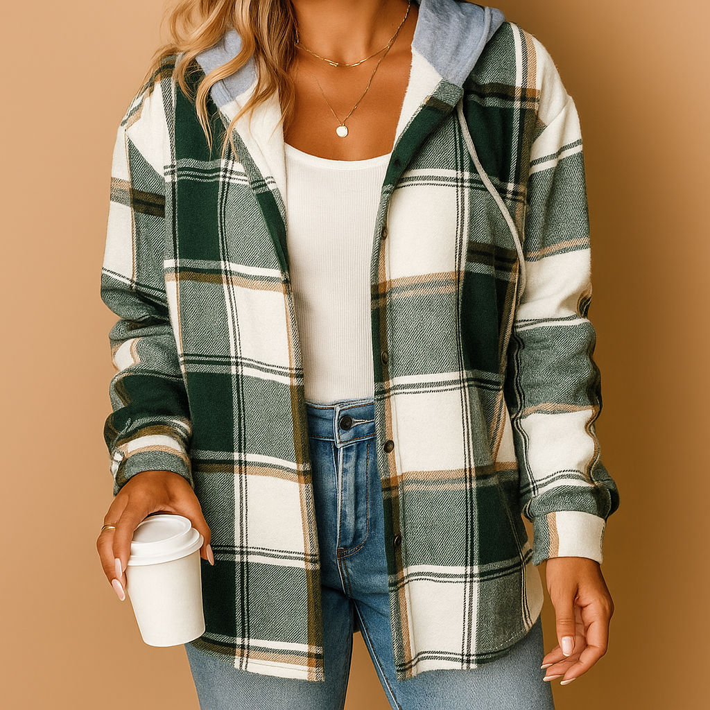 Checkered hooded jacket for women with relaxed fit and soft breathable fabric, ideal for layering and everyday wear.