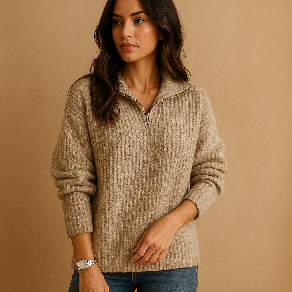 Women’s chic half zip sweater with flattering tailored fit, breathable fabric, and versatile styling in khaki, grey, blue, and black.