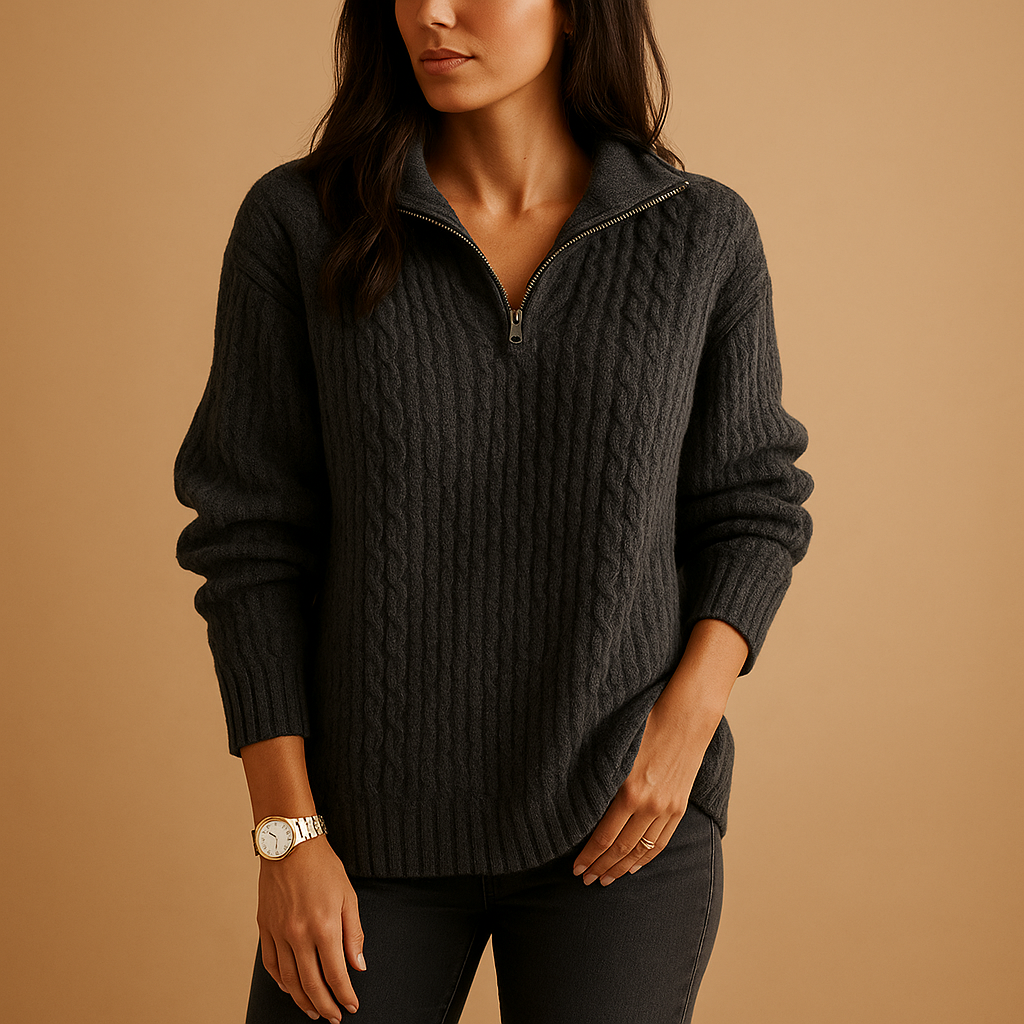 Women’s chic half zip sweater with flattering tailored fit, breathable fabric, and versatile styling in khaki, grey, blue, and black.