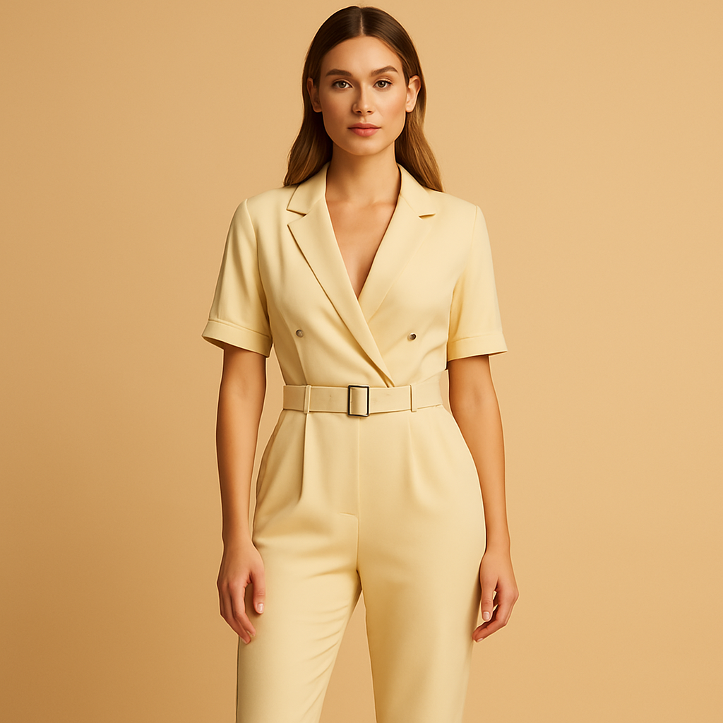 Chic V-neck jumpsuit for women with formal collar and half sleeves, perfect for workdays, evening outings, and formal occasions.