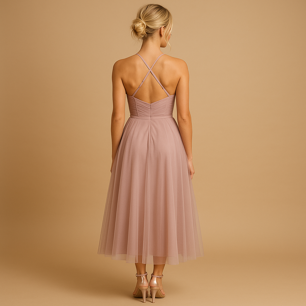 Chiffon maxi dress for women with tulle overlay and sleeveless design, perfect for weddings, evening parties, and elegant occasions.