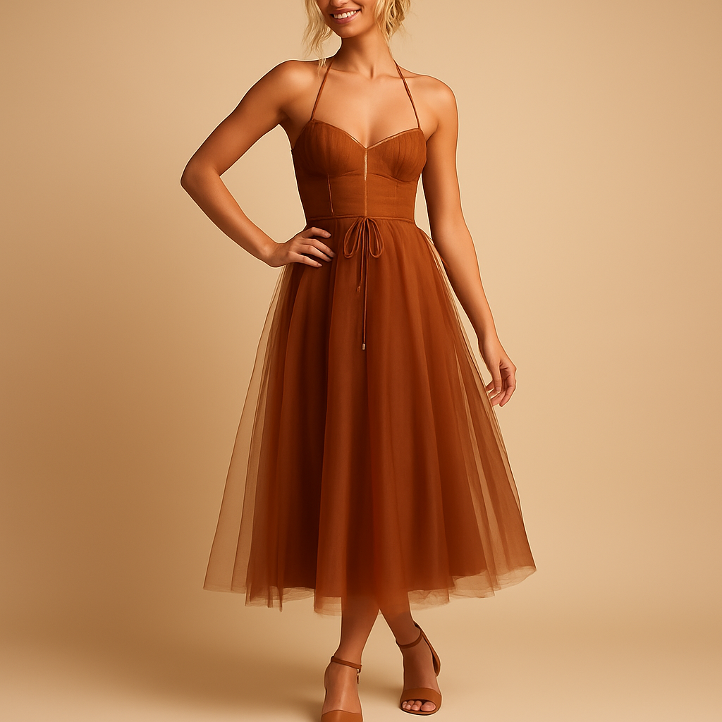 Chiffon maxi dress for women with tulle overlay and sleeveless design, perfect for weddings, evening parties, and elegant occasions.