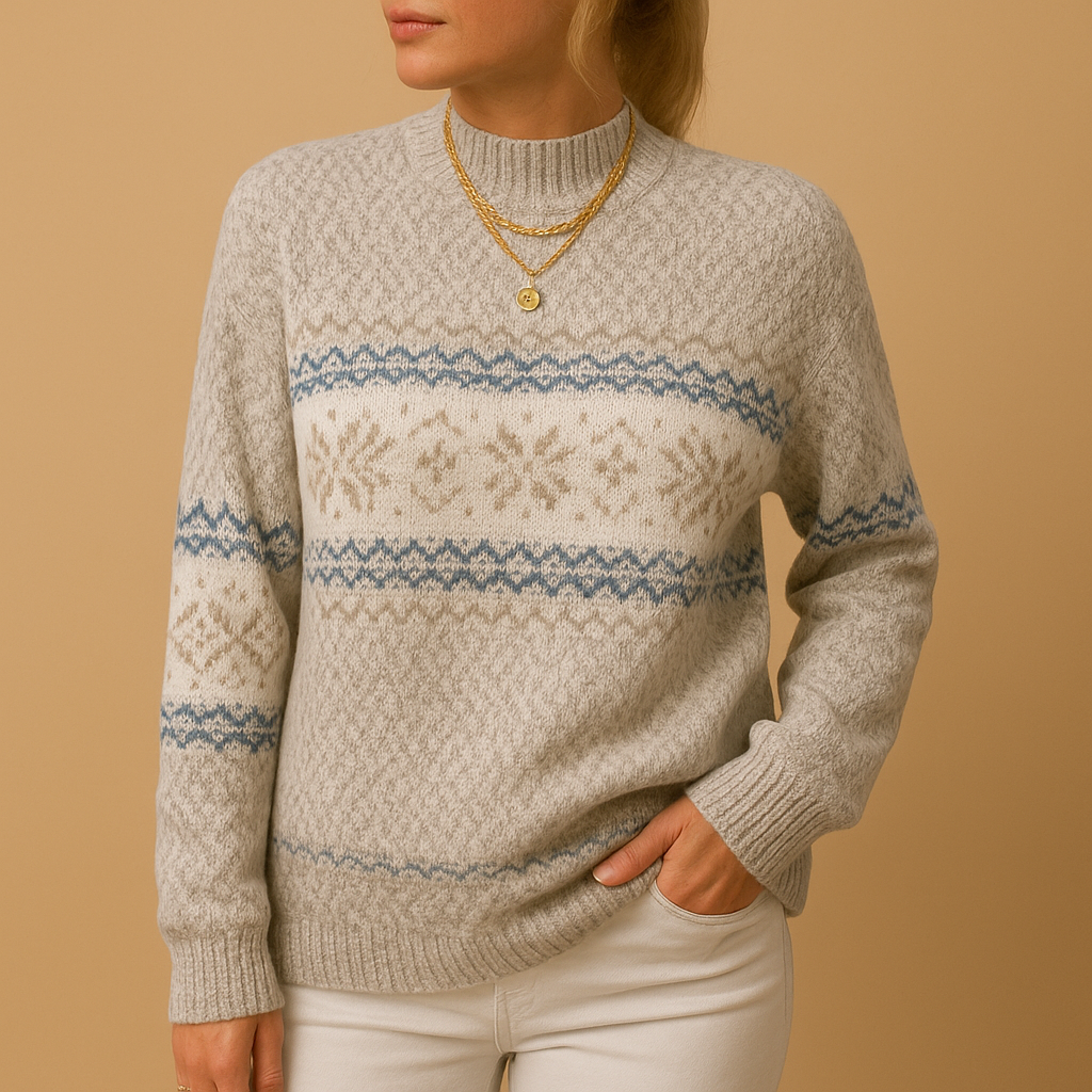 Women’s Christmas sweater with festive holiday print, soft warm fabric, and comfortable fit. Available in blue, apricot, grey, and pink.