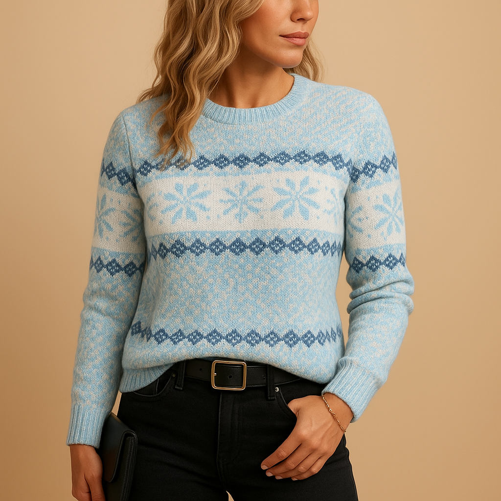 Women’s Christmas sweater with festive holiday print, soft warm fabric, and comfortable fit. Available in blue, apricot, grey, and pink.
