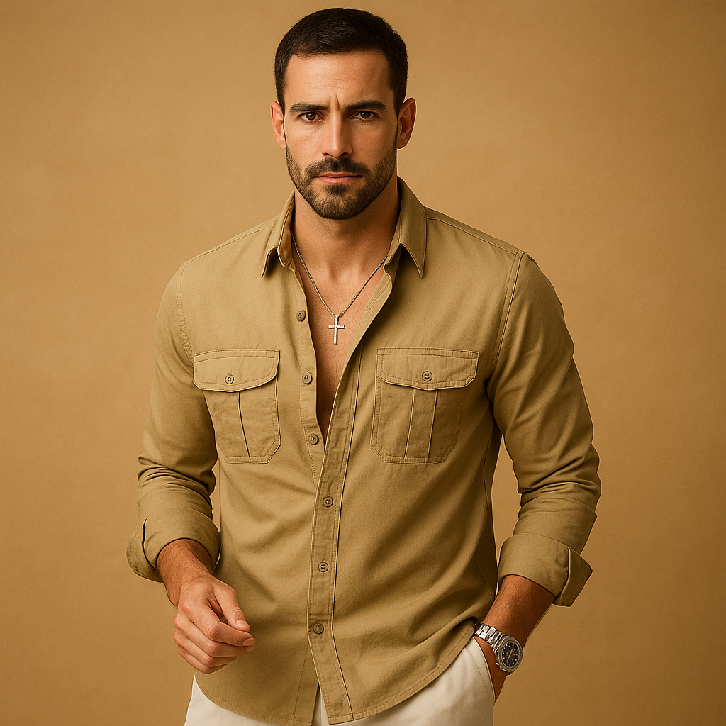 Men’s classic button-up shirt with collar and chest pocket, available in multiple colors, perfect for formal or casual occasions.